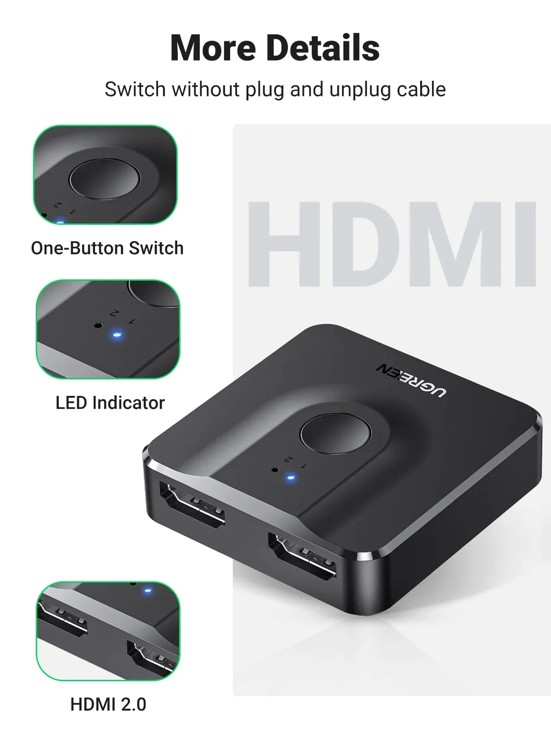 UGREEN Switcher Bi-Directional 2in1 2*HDMI 4K 30Hz or 1*HDMI 4K 30Hz to 1*HDMI 4K 30Hz or 2*HDMI 4K 30Hz CM217, Black [3]