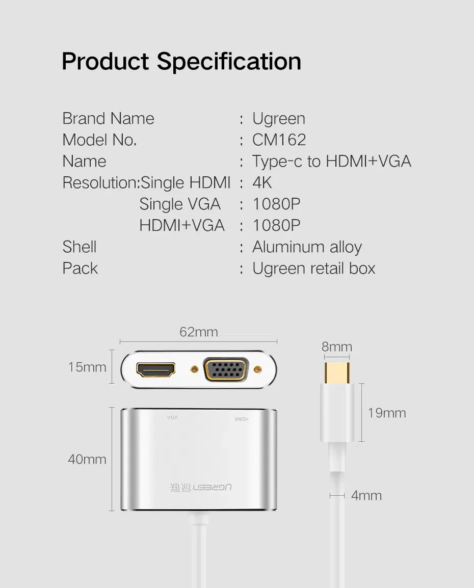 UGREEN USB-C to HDMI + VGA Adapter with PD, Silver [7]