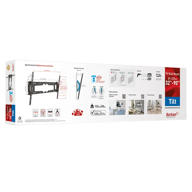 Suport de perete TV Barkan E410+, Negru, 32"–90", Înclinare reglabilă, max. 60 kg, VESA până la 600x400 mm [2]
