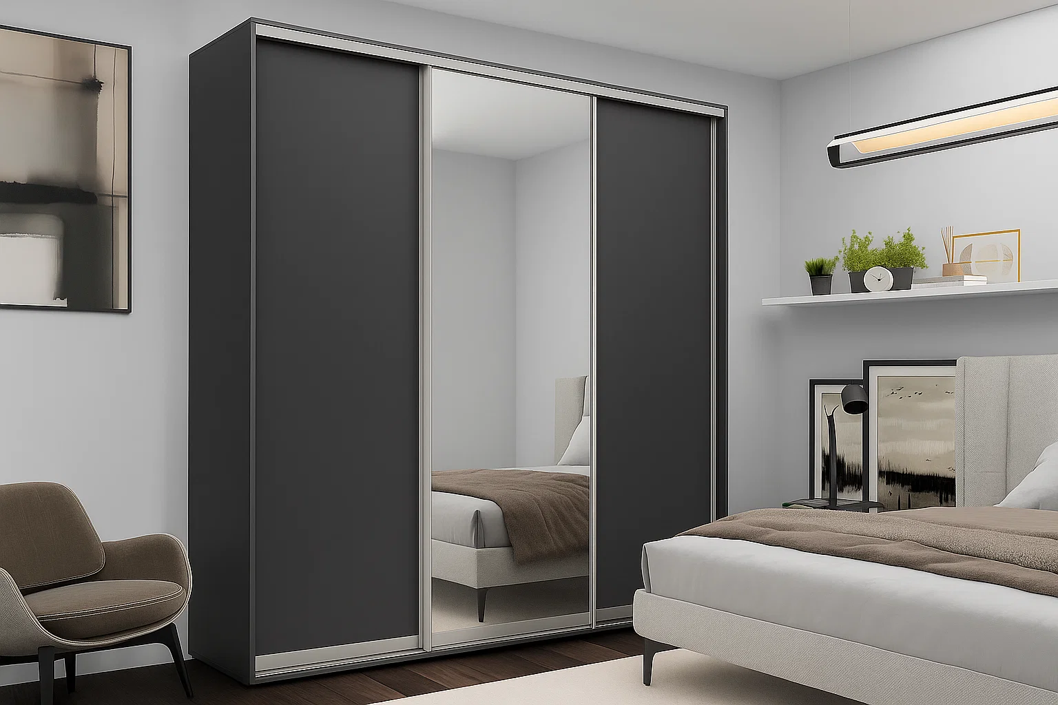 Dulapuri - Dulap cu uși glisante Nex Home, 1xOglindă + 2xPAL, Antracit 220x60x220 cm