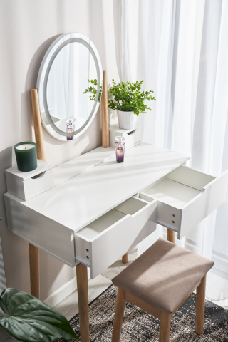 Туалетный столик JUMI с овальным зеркалом и LED-подсветкой, с табуретом – элегантность и удобство для вашей спальни [5]