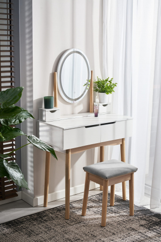 Masă de toaletă cu oglindă LED și taburet gri – eleganță și funcționalitate în dormitorul tău [1]