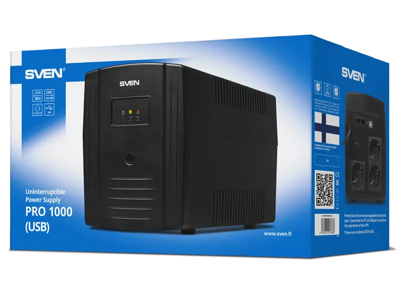 Источник бесперебойного питания SVEN Pro 1000 LCD – 1000ВА, 720Вт, Линейно-интерактивный, LCD-дисплей, 3 розетки Schuko, Черный [3]