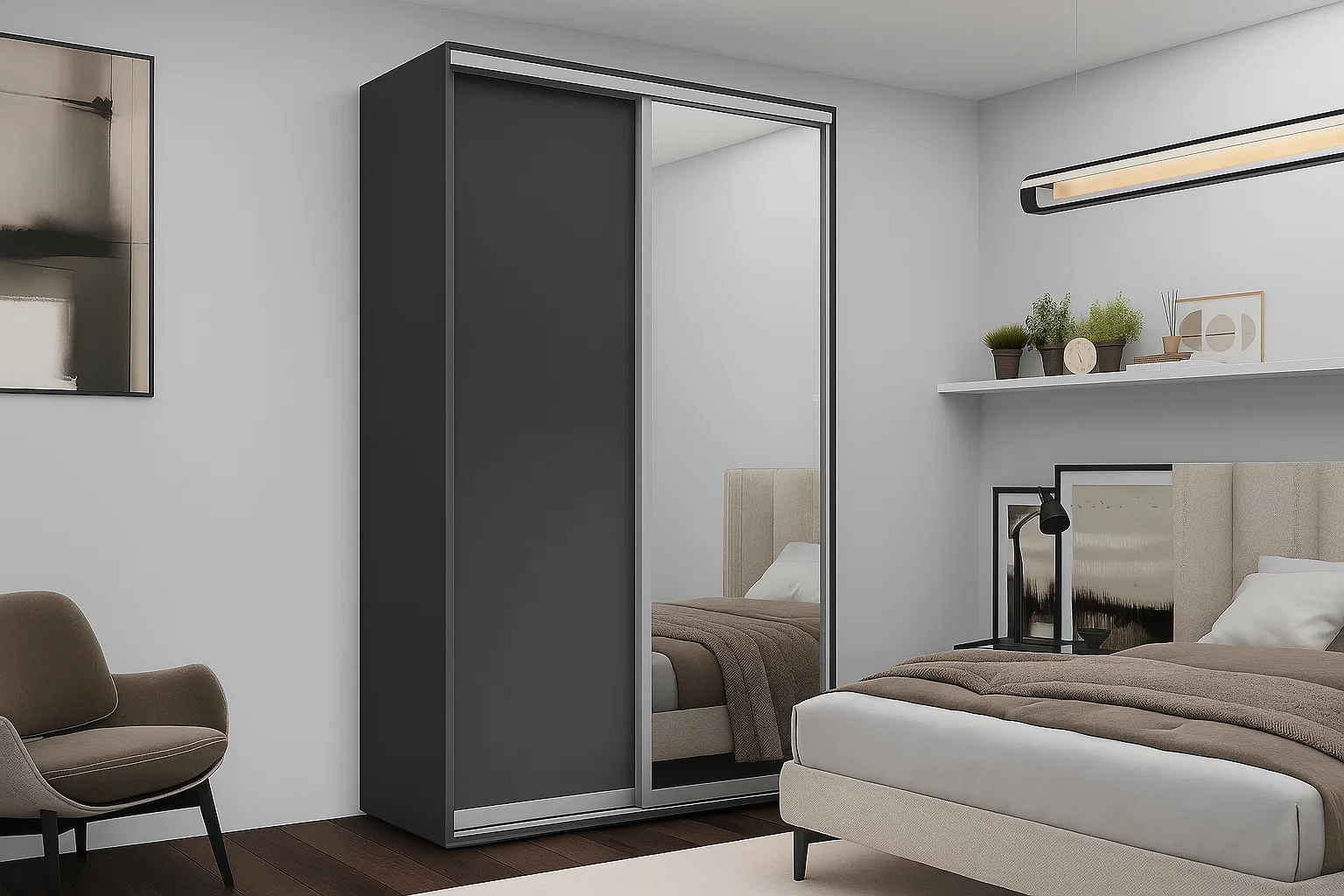 Dulapuri - Dulap cu uși glisante Nex Home – 1x Oglindă + 1x PAL, Antracit, 200x60x220 cm