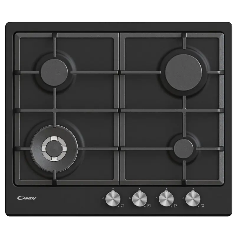 Газовые плиты - Встраиваемая Газовая Варочная Панель Candy CHG6BF4WPBB, Черное Стекло с Конфоркой Двойная Корона