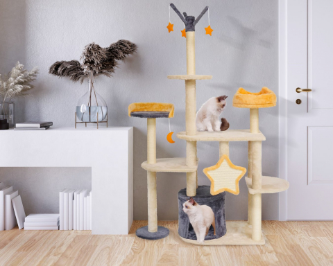 Игровой комплекс для кошек Jumi с платформой, лежанкой и игрушкой, 165x40x92 см, бежевый [6]