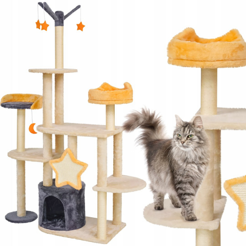 Игровой комплекс для кошек Jumi с платформой, лежанкой и игрушкой, 165x40x92 см, бежевый [10]