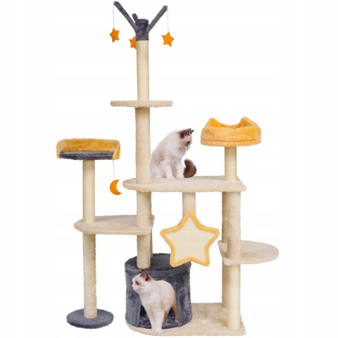 Игровой комплекс для кошек Jumi с платформой, лежанкой и игрушкой, 165x40x92 см, бежевый [2]