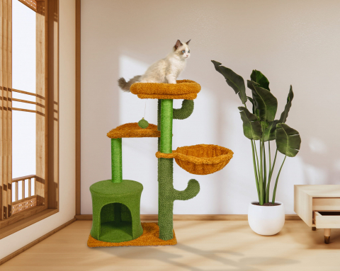 Ansamblu de joaca pentru pisici, Jumi, model cactus, cu platforme, culcus, ciucure, 91x30x48cm, Verde si portocaliu [5]