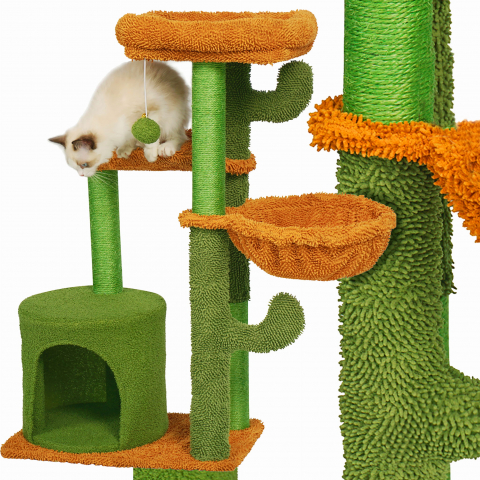 Ansamblu de joaca pentru pisici, Jumi, model cactus, cu platforme, culcus, ciucure, 91x30x48cm, Verde si portocaliu [4]