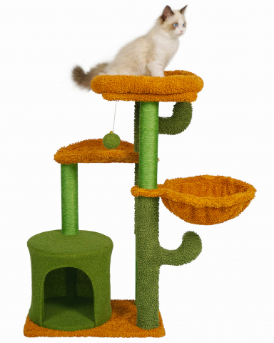 Produse pentru animale - Ansamblu de joaca pentru pisici, Jumi, model cactus, cu platforme, culcus, ciucure, 91x30x48cm, Verde si portocaliu