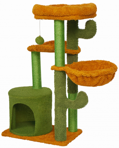Ansamblu de joaca pentru pisici, Jumi, model cactus, cu platforme, culcus, ciucure, 91x30x48cm, Verde si portocaliu [3]
