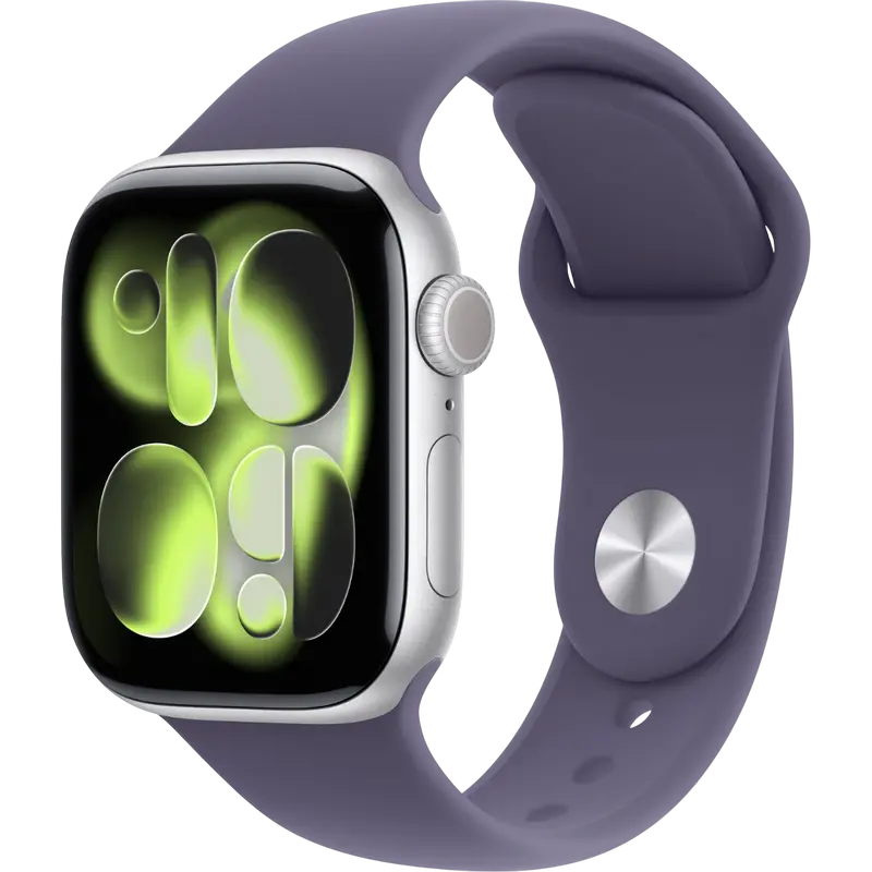 Apple Watch Series 11 GPS, 42mm, carcasă argintie, brățară sport Purple Fog S/M [1]