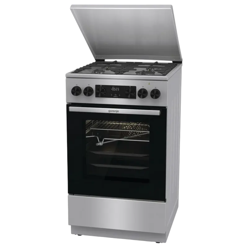 Газовые плиты - Комбинированная плита Gorenje GKS5C71XF (4 Газовые конфорки, Электрическая духовка ExtraSpace 70 л, Телескопические направляющие, AquaClean, Нержавеющая сталь)
