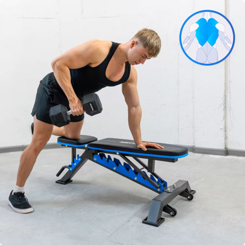 Скамья для тренировок регулируемая THUNDER GRYND – 8 положений спинки + 4 положения сиденья, складная, 15 кг – Полный и безопасный тренинг дома! [1]