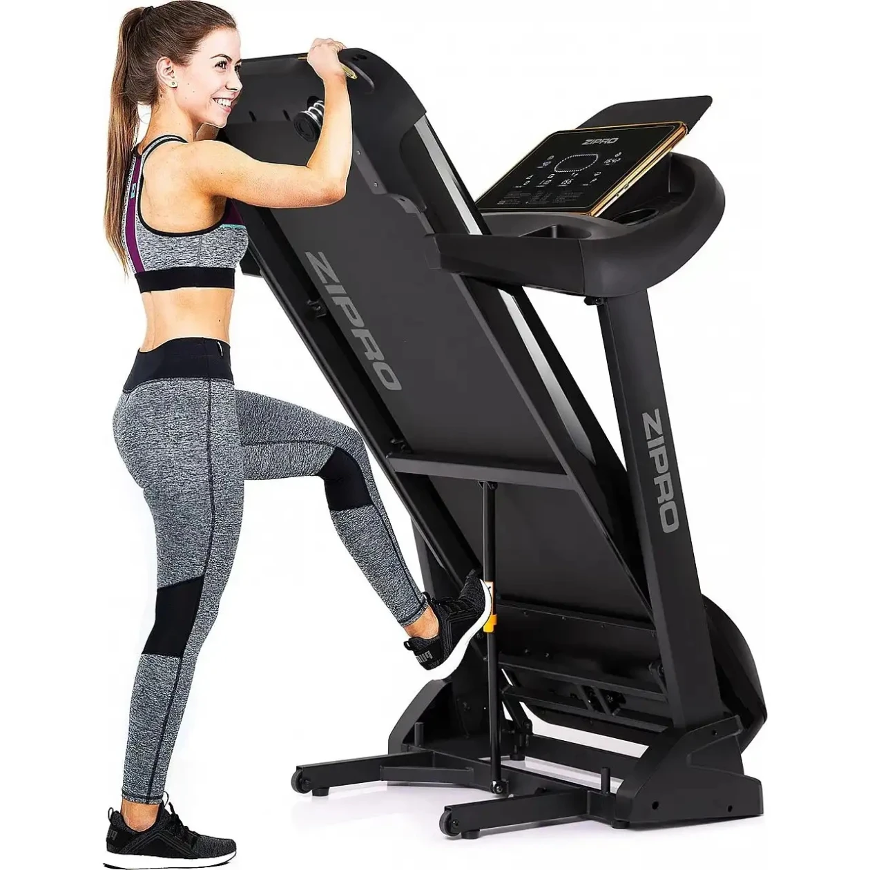 Bandă de alergat electrică Zipro Pacemaker Gold iConsole+ (3 CP, Viteza max. 18 km/h, Sarcină max. 150 kg, Înclinare 0-15°, Wi-Fi, Pliabilă, Negru/Gold) [1]