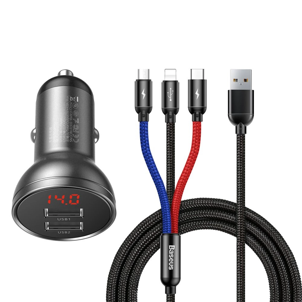 Электроника - Baseus Car Charger 2xUSB Fast Charge 24W (with Cable 3 in 1), Black Suit Grey