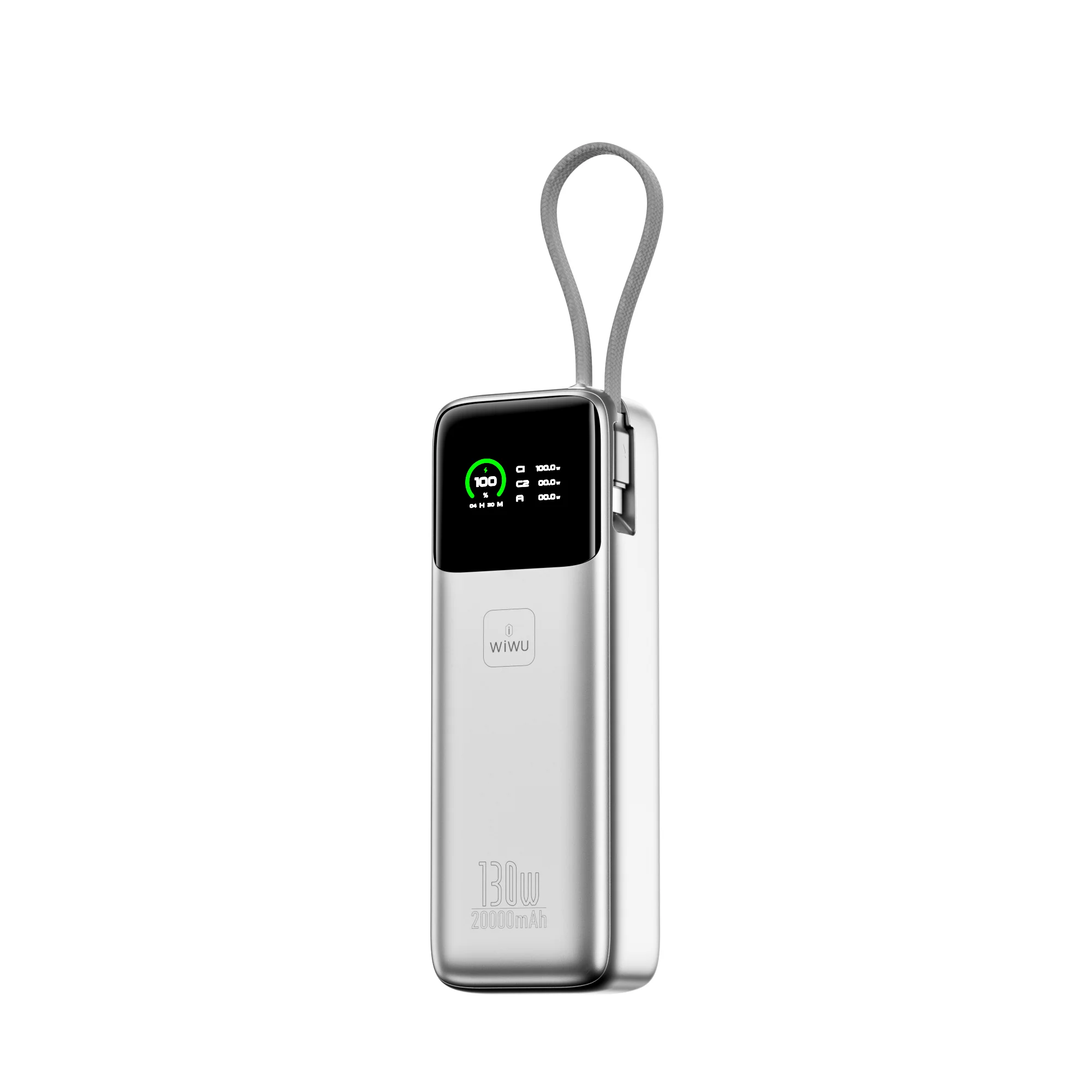 Baterie externă WiWU Power Mega 130W Fast Charge Power Bank PM301 (20000mAh, Cablu integrat 100W, Display TFT, Argintiu) [1]