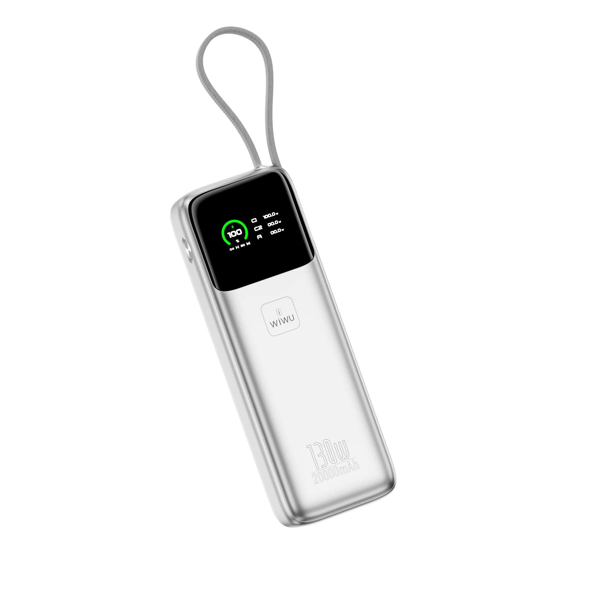 Cu fir - Baterie externă WiWU Power Mega 130W Fast Charge Power Bank PM301 (20000mAh, Cablu integrat 100W, Display TFT, Argintiu)
