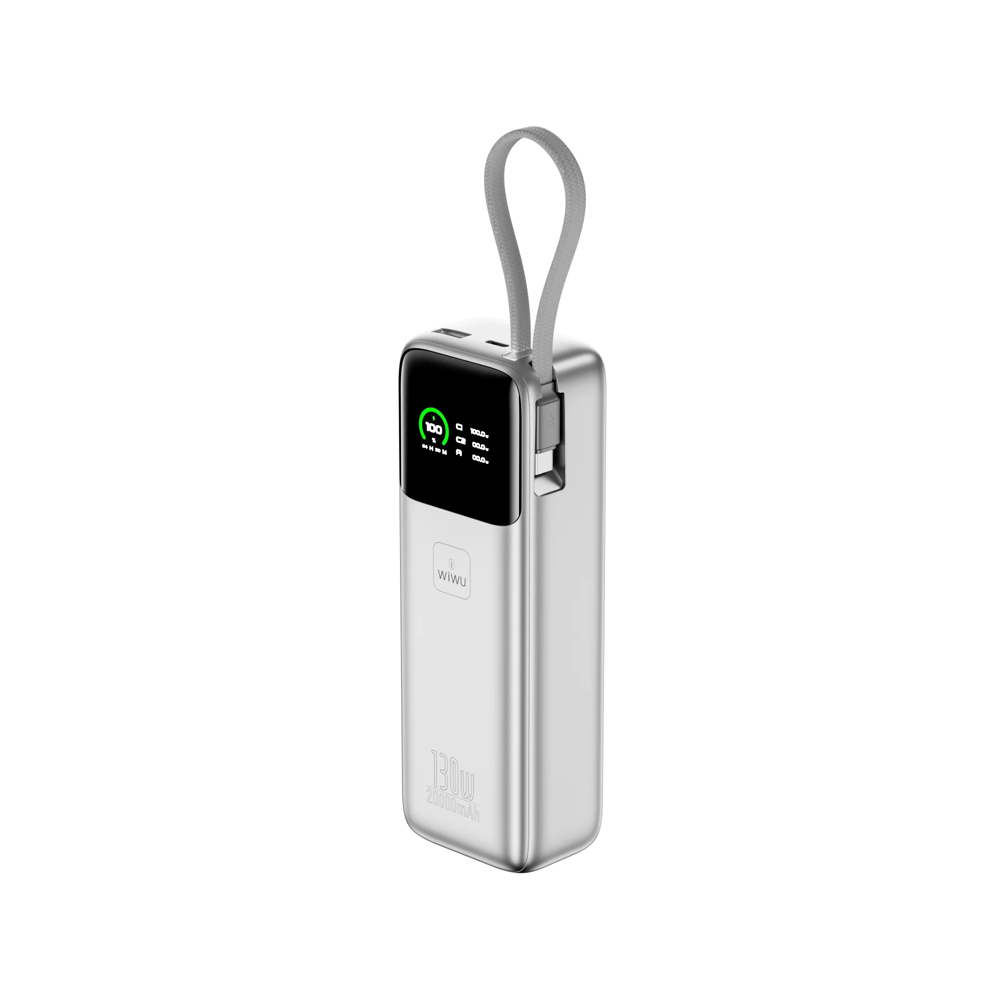 Baterie externă WiWU Power Mega 130W Fast Charge Power Bank PM301 (20000mAh, Cablu integrat 100W, Display TFT, Argintiu) [2]