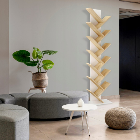 Bibliotecă tip copac Jumi, 212x50x25 cm, Alb/Stejar – design creativ, spațiu generos pentru cărți și decorațiuni [1]