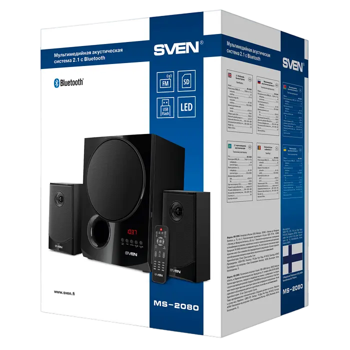 Компьютерная акустика 2.1 SVEN MS-2080 – 70Вт, Bluetooth, Радио FM, USB, SD-Карта, Пульт ДУ, MDF, Черная [4]