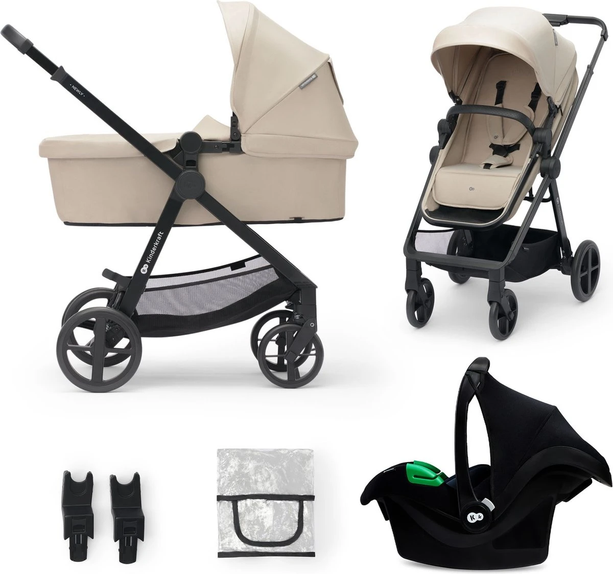 Cărucior Kinderkraft Newly 3în1 Mink Pro Beige (0-4 ani, Max 22 kg, Cadru Aluminiu 7.5 kg, Scaun Auto i-Size) [2]