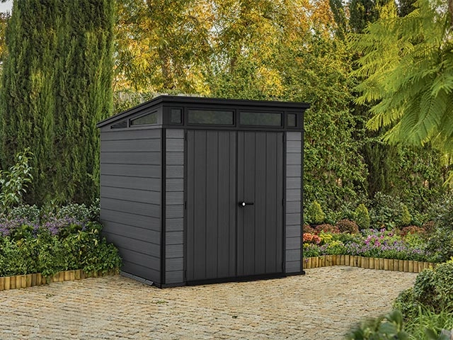 Садовый домик Keter Cortina 7x7 серый – 218 × 226 × 214 см, премиум Evotech™ с натуральной текстурой дерева [1]