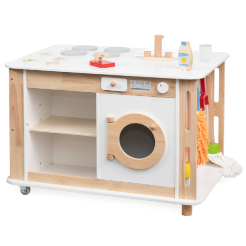 Centre de joaca - Centru de joacă din lemn multifuncțional „Activități casnice” VIGA (80×56×65.2 cm, cu Mașină de Spălat, Bucătărie, Sortare Deșeuri și Accesorii)