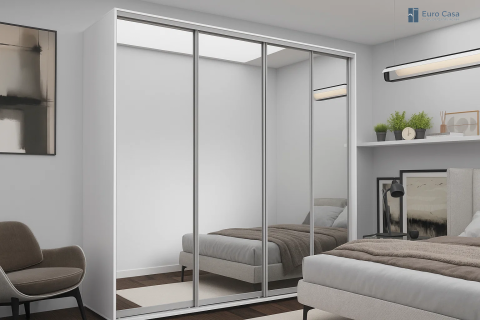 Dulapuri - Dulap cu uși glisante Euro Casa – Oglindă, Alb 280x60x240 cm – Spațiu generos și design modern