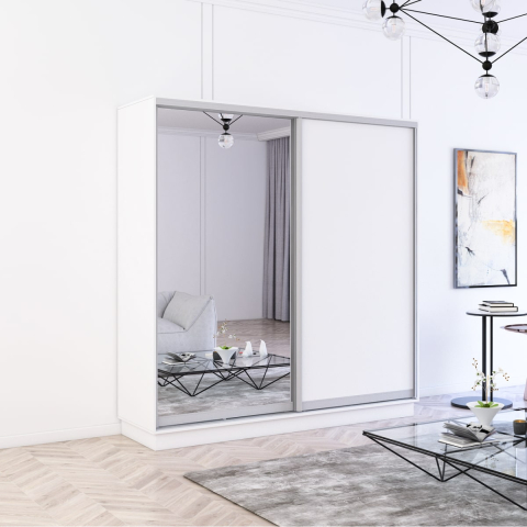 Dulapuri cupe - Dulap cu uși glisante Fox (200x60x220H cm), Alb (PAL + Oglindă)