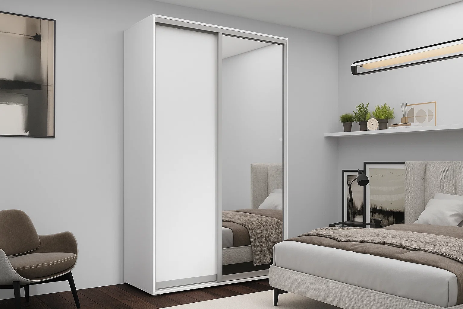 Dulapuri - Dulap cu uși glisante Nex Home – 1x Oglindă + 1x PAL, Alb, 200x60x220 cm