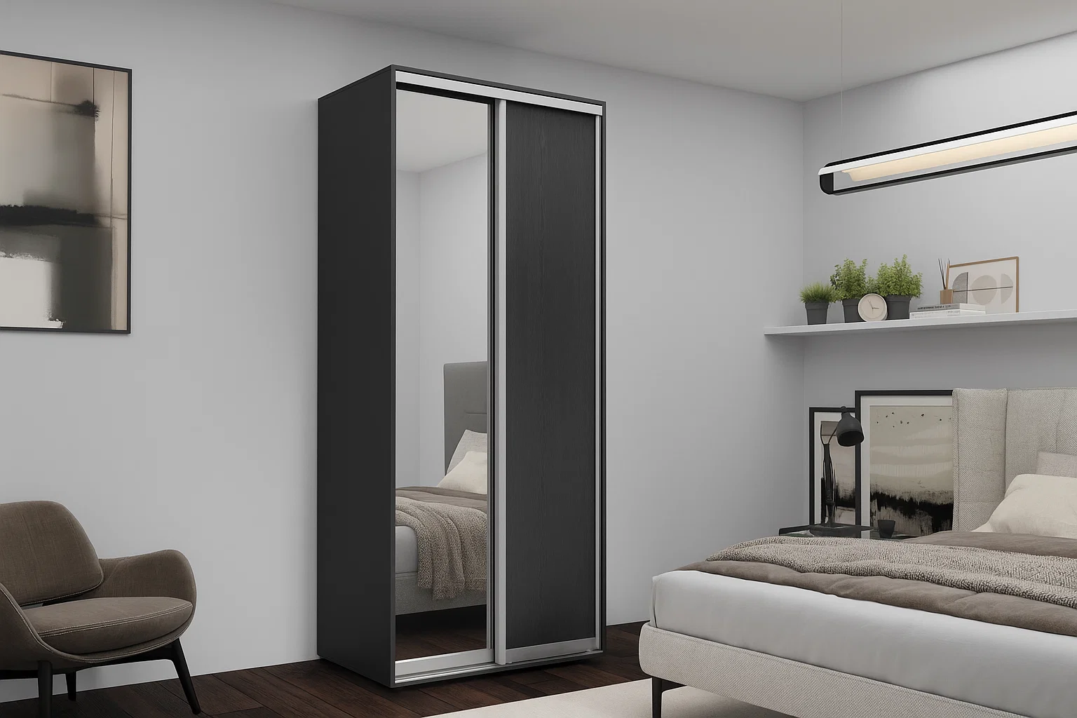 Dulapuri - Dulap cu uși glisante Nex Home – 1x Oglindă + 1x PAL, Antracit, 100x60x220 cm