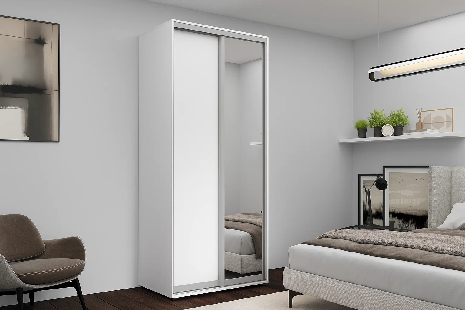 Dulapuri - Dulap cu uși glisante Nex Home, 1xOglindă + 1xPAL, Alb 100x60x220 cm