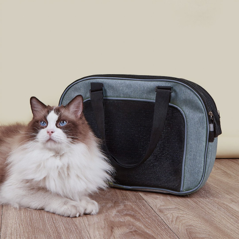 Geanta pentru transportare animale de companie cu plasa respirabila pentru caine si pisica, Jumi, 38x22x22 cm, Gri [6]