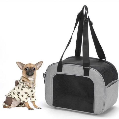 Genti pentru transportare animale de companie - Geanta pentru transportare animale de companie cu plasa respirabila pentru caine si pisica, Jumi, 38x22x22 cm, Gri
