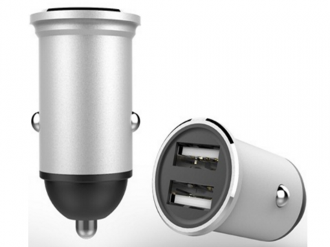 Accesorii Telefoane - Helmet Car Charger 2xUSB 2.4A, Silver