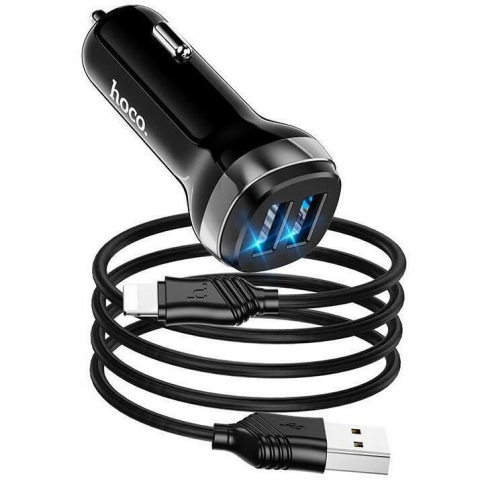 Электроника - Hoco Car Charger with Lightning Cable 2xUSB 2.4A Z40, Black