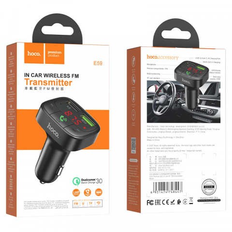 FM Modulatoare - HOCO E59 Promise Transmițător FM Bluetooth pentru mașină cu QC3.0
