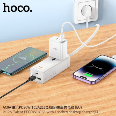 Încărcător desktop AC9A Talent PD30W – USB-C + 2x USB-A + priză AC, culoare albă, pentru birou și acasă [1]