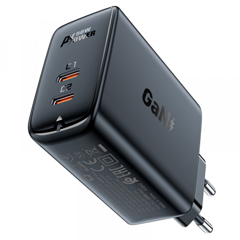 Fără cablu - Încărcător PD50W GaN A29 (USB-C + USB-C) negru (UE) – încărcător 50W, 2 porturi USB-C, GaN