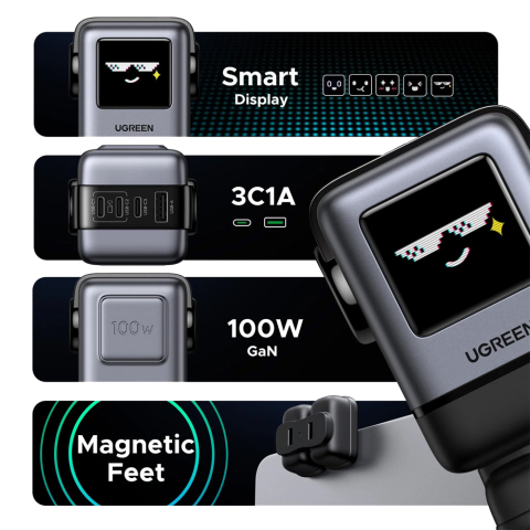 Încărcător priză UGREEN UNO Robot GaN Fast Charger 100W (3x USB-C + 1x USB-A), Black [1]