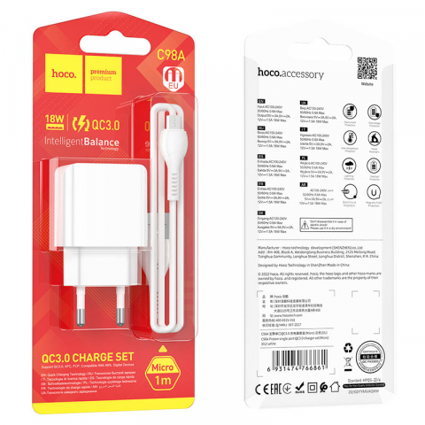 Incarcatoare - Încărcător Rapid C98A Proton QC3.0 cu Cablu Micro USB – Set Complet, 18W, Alb, EU