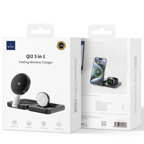Încărcător Wireless 3 în 1 pliabil Qi2.0 Wi-W028, Negru – pentru telefon, ceas inteligent și căști [4]