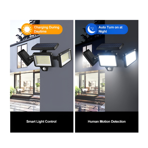 Солнечный светильник с датчиком движения и пультом – 4000LM, 210 светодиодов, 3 регулируемые панели, IP65, Черный [1]
