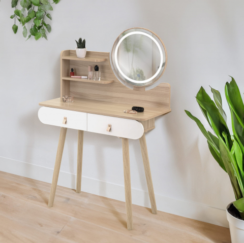 Masa de machiaj din lemn cu oglindă LED, 120x80x40 cm, picioare din lemn de fag [6]