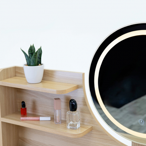 Masa de machiaj din lemn cu oglindă LED, 120x80x40 cm, picioare din lemn de fag [5]