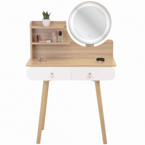 Masa de machiaj din lemn cu oglindă LED, 120x80x40 cm, picioare din lemn de fag [0]