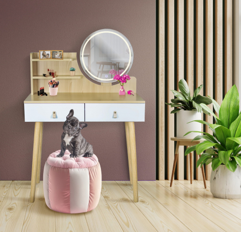 Masă de machiaj SCANDI cu oglindă LED rotundă 40 cm, albă/buc, 122x80x40 cm, MDF [2]