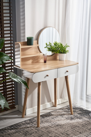 Masă de toaletă Scandi cu oglindă rotundă 40 cm, Oak Artisan/Alb – stil nordic și funcționalitate pentru dormitor [1]